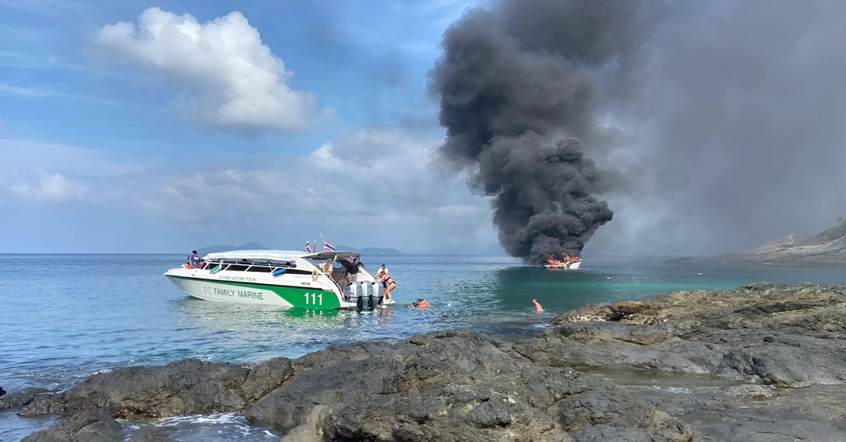 A speedboat carrying 36 tourists caught fire following an explosion off Phuket
